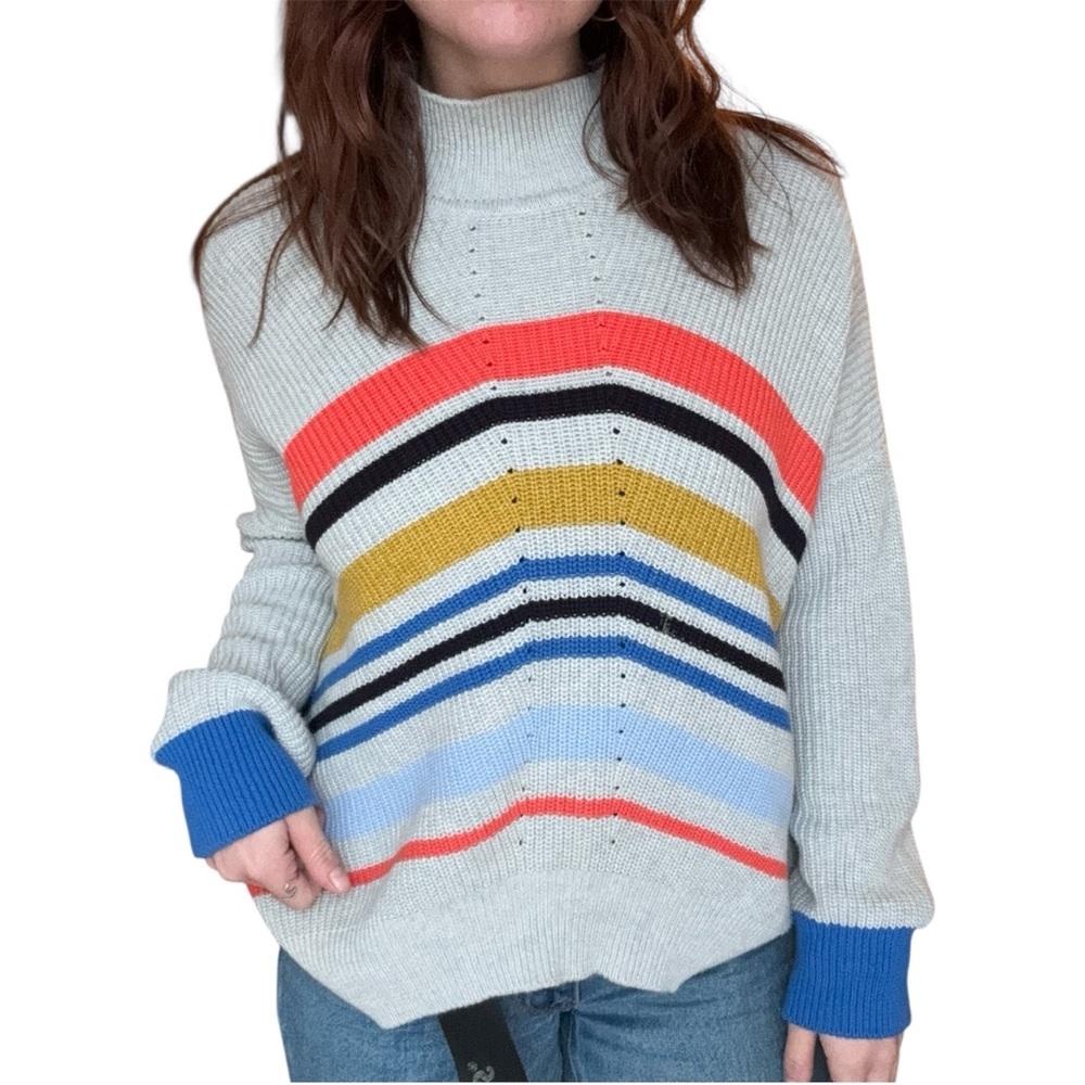 FOIL Cotton Striped Sweater Mock Neck Knit Pullover Multicolor Rainbow Casual